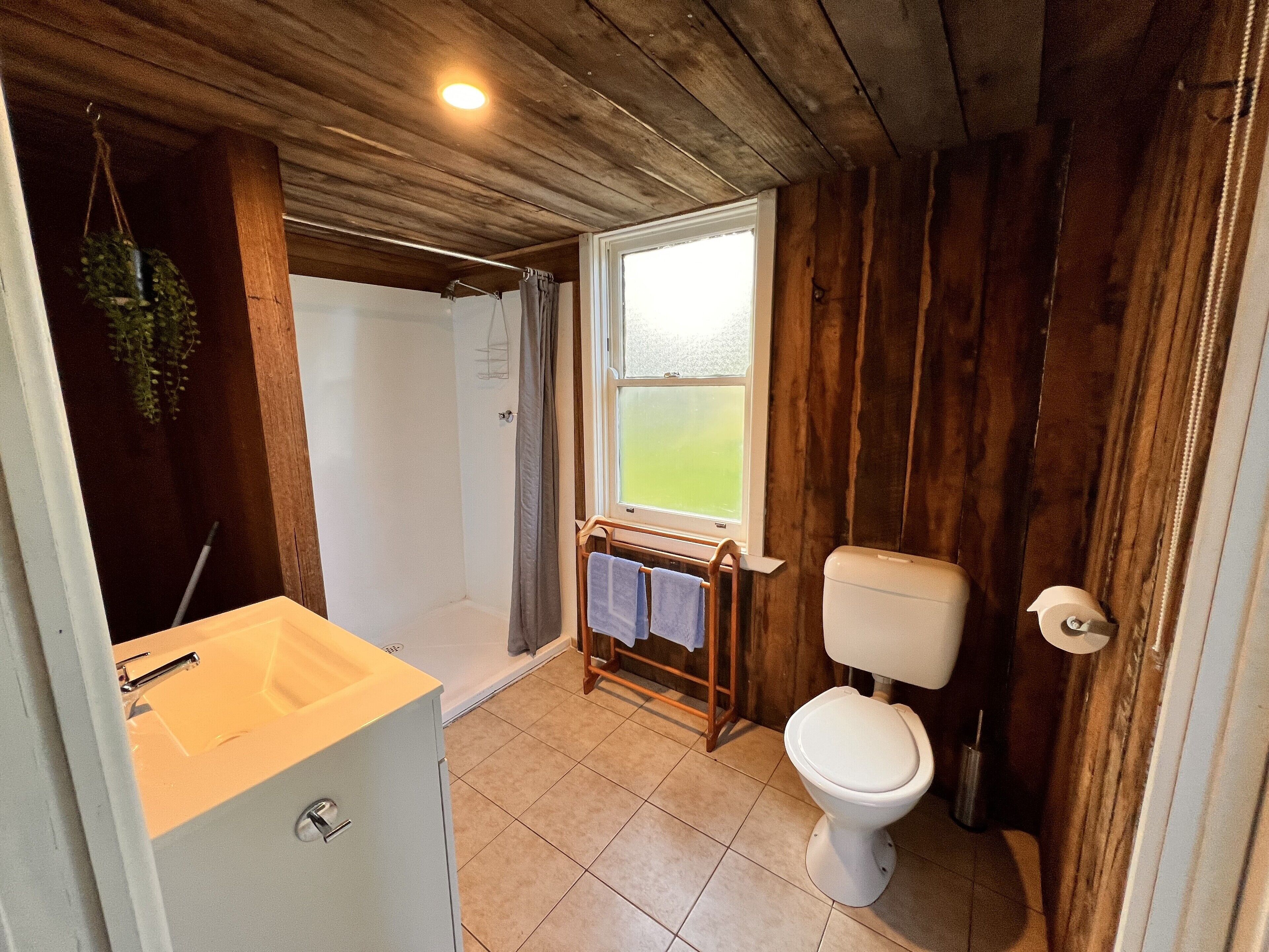 Een badkamer met een houten plafond, een wit toilet, een wastafel en een douche.