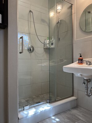 Hair dryer, towels, soap, shampoo