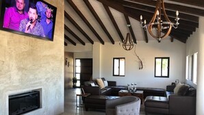 Ein modernes Wohnzimmer mit Kamin, Ledersofas und einem an der Wand befestigten Fernseher.
