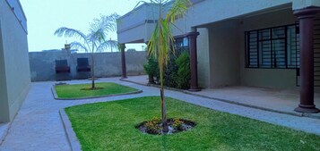 Un patio con un camino empedrado, palmeras y un pequeño jardín.