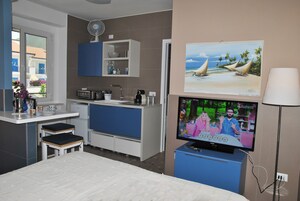 Una stanza compatta con angolo cottura, un letto, una TV e una finestra.
