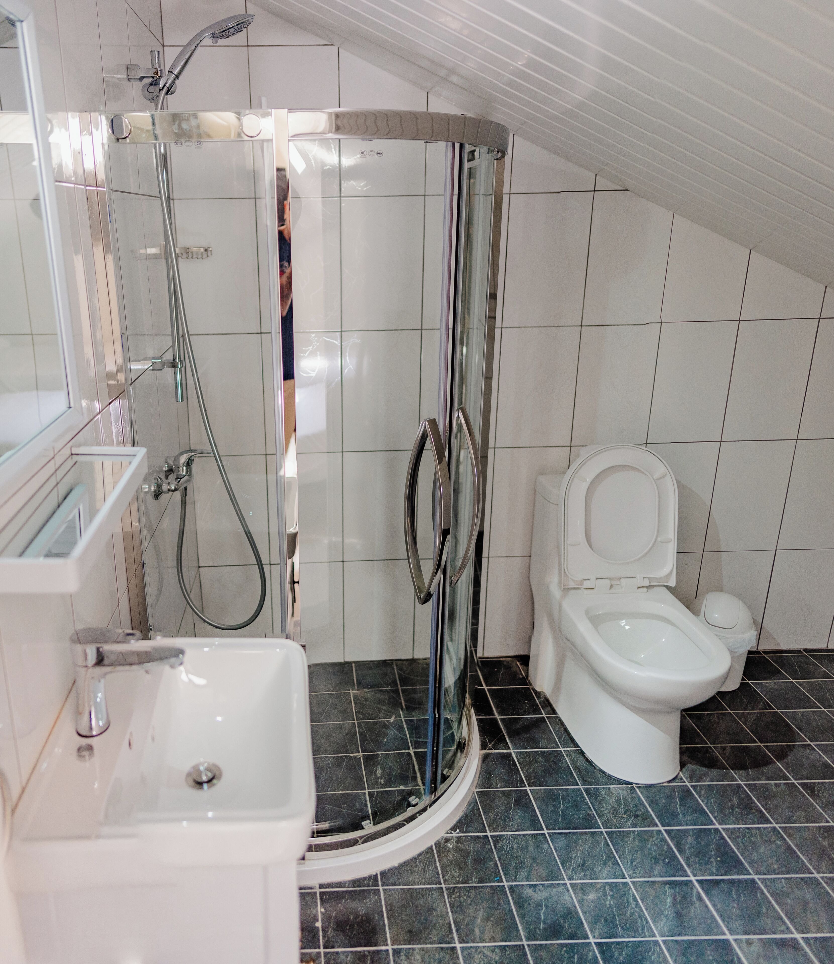 A bathroom with a shower, toilet, sink, and a glass-enclosed shower area.