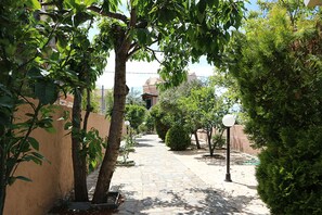 A stone pathway flanked by trees and shrubs, leading to a building with a dome roof. - The Executive - Heartbreaking sea and Landscape in Corfu - Greece (Corfu)