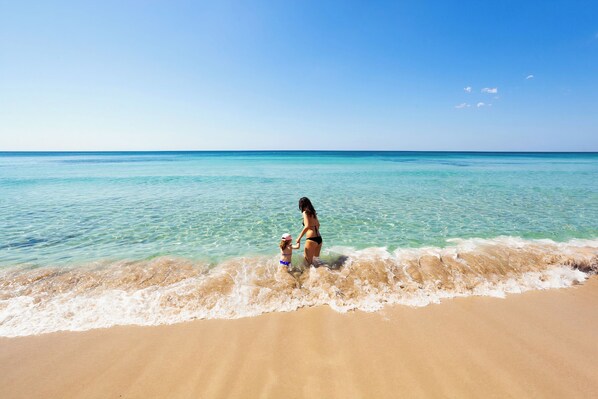 Une scène de plage avec une eau turquoise cristalline et un rivage sablonneux.