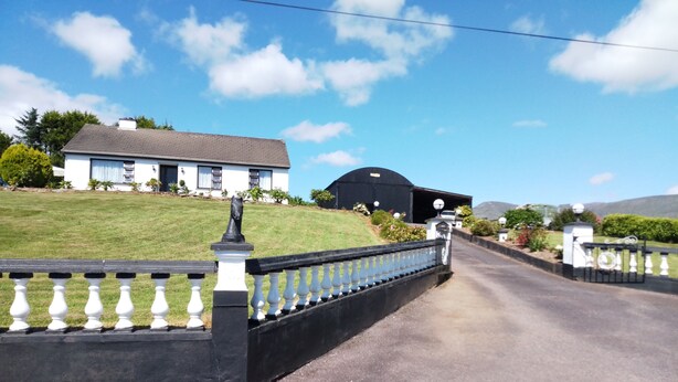 A rural road leading to a house with a white facade and a black roof, surrounded by greenery and a clear sky. - Room in Bungalow - Very Nice View With This Room (Sneem)