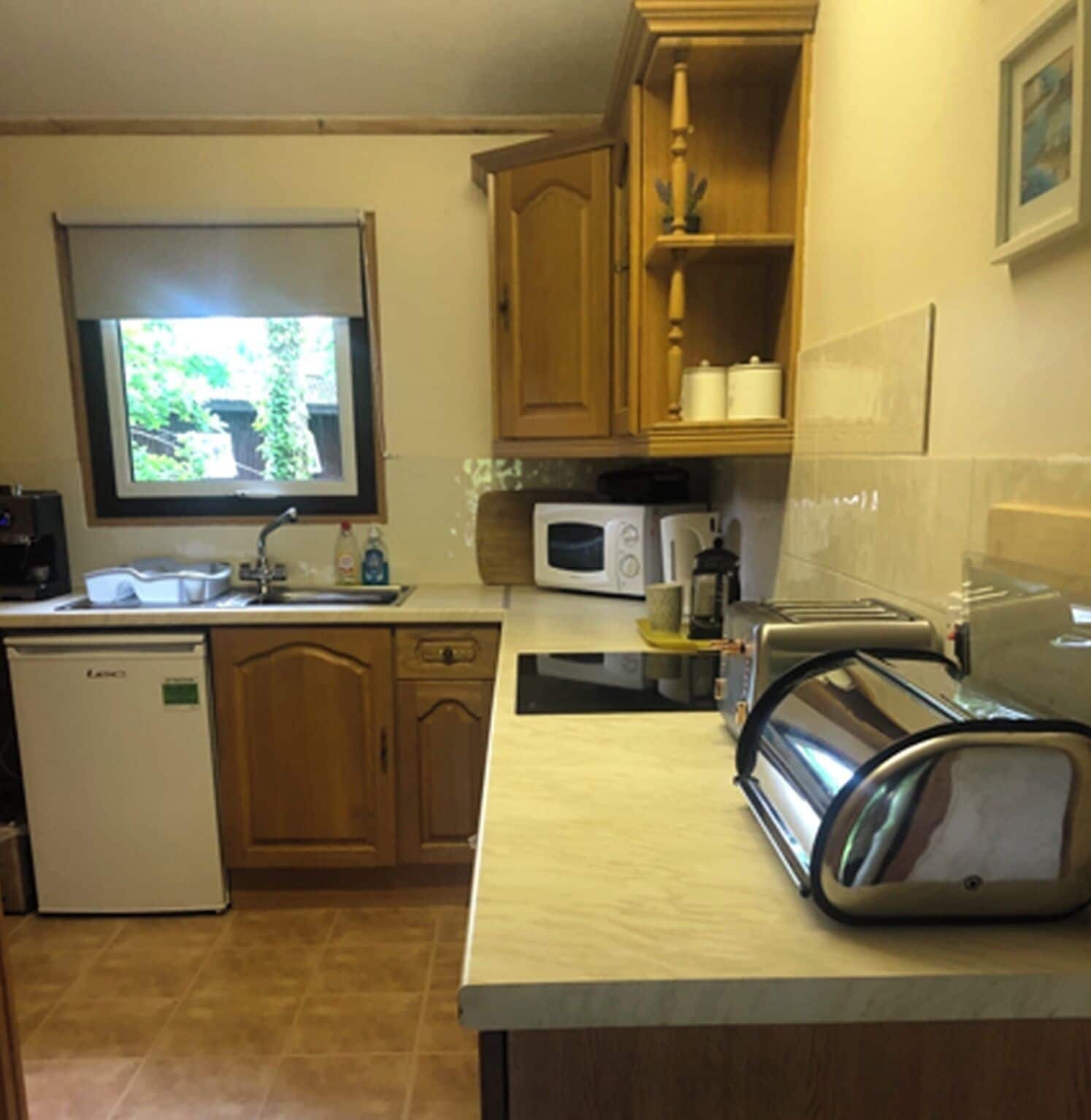 Cocina compacta con refrigerador, microondas, tostadora y armarios de madera.