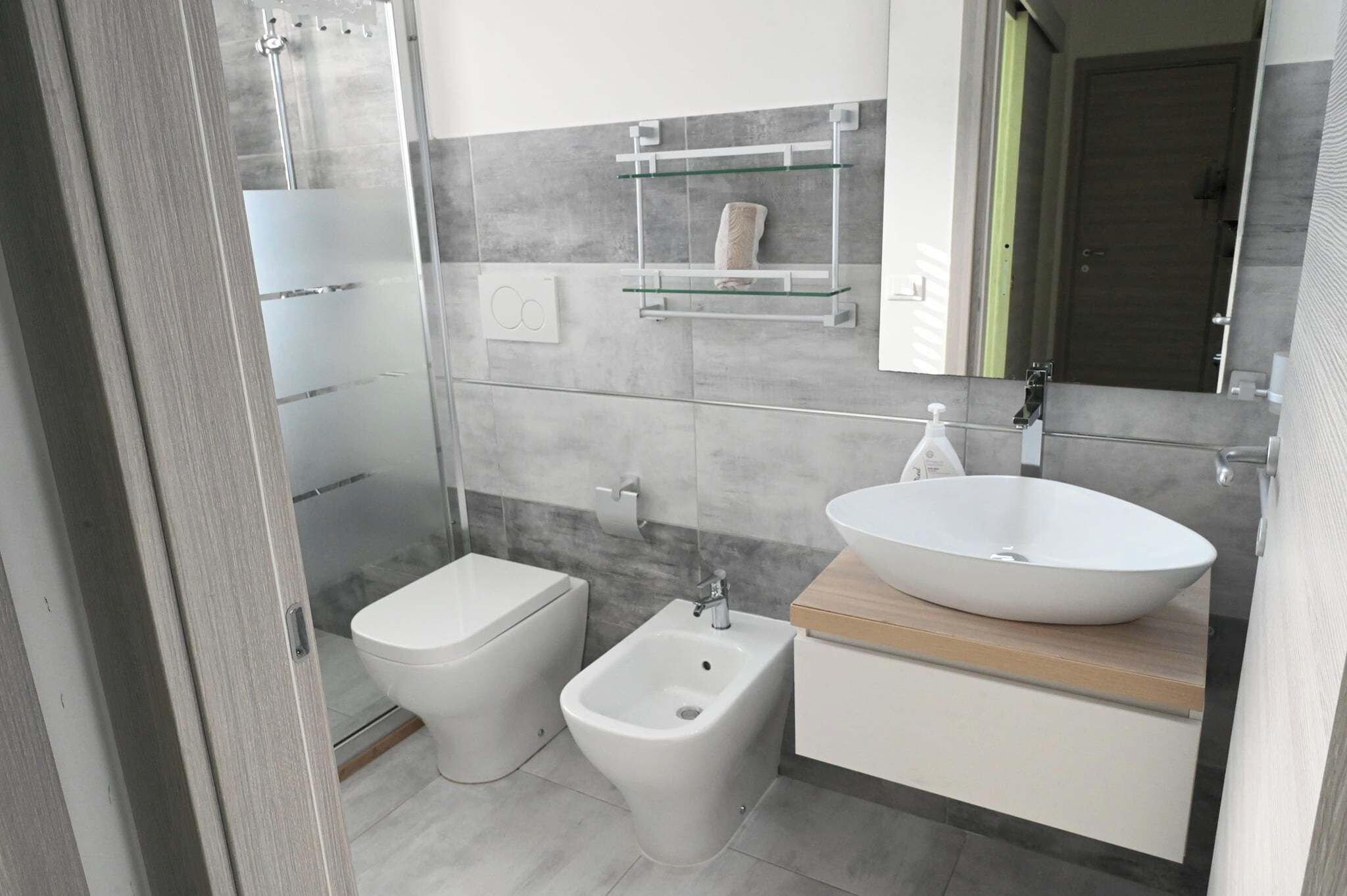 A modern bathroom with a bidet, a sink with a large basin, and a glass shower enclosure.