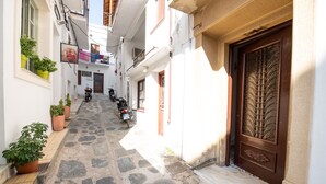 A narrow stone-paved street flanked by buildings with balconies, potted plants, and a closed brown door with decorative metalwork. - Lovely 1-bedroom Flat In Skopelos (Skopelos)