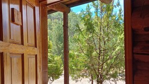 Una cabaña de madera con una puerta que da a un área exterior con un sendero de tierra y un árbol.