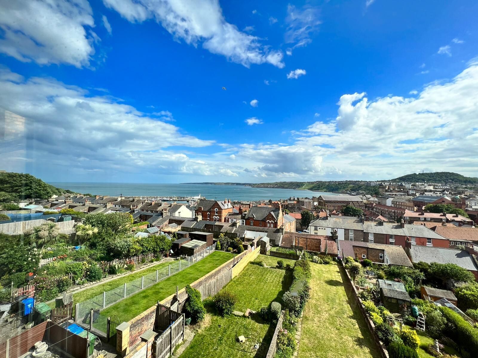 A residential area with houses, a clear sky, and a view of the sea.