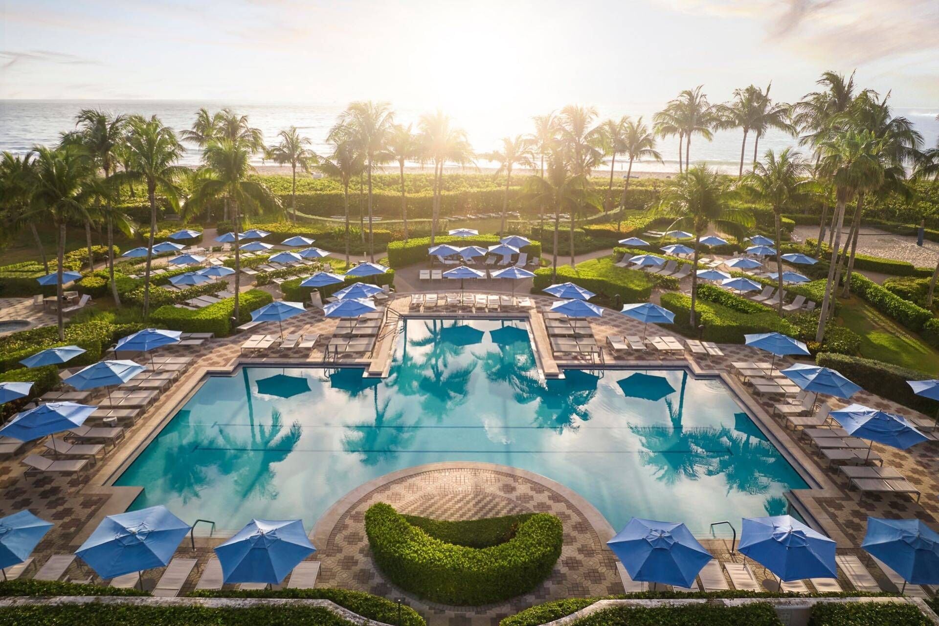 A resort pool area with multiple sun loungers and umbrellas, surrounded by palm trees and a view of the ocean.