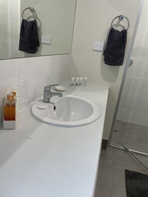Un bagno con un lavandino bianco, uno specchio e due asciugamani appesi ad anelli.