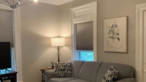 Ein Wohnzimmer mit grauem Sofa, einem gemusterten Teppich, einer Kronleuchter, einer Lampe, einem Gemälde und einem Fernseher.
