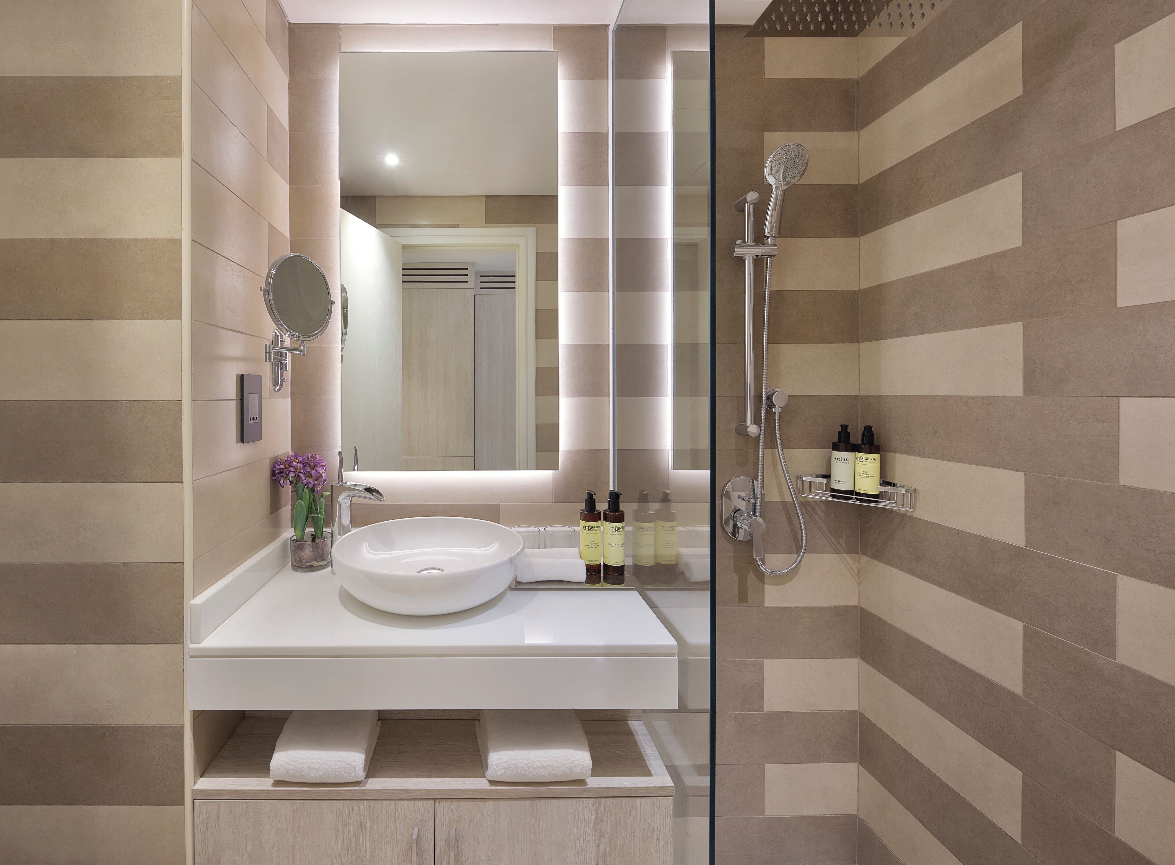 Une salle de bain moderne avec un grand miroir, un lavabo rond et un espace douche.