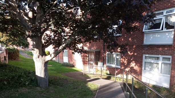 Ein Weg führt zu einem Ziegelgebäude mit vielen Fenstern, umgeben von Grünflächen und einem Baum.