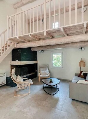 TV, fireplace, books, video library