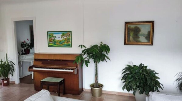 Un salon avec un piano, une plante en pot et deux tableaux accrochés au mur.