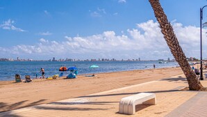 Una playa con una palmera, un banco y un horizonte urbano al fondo.