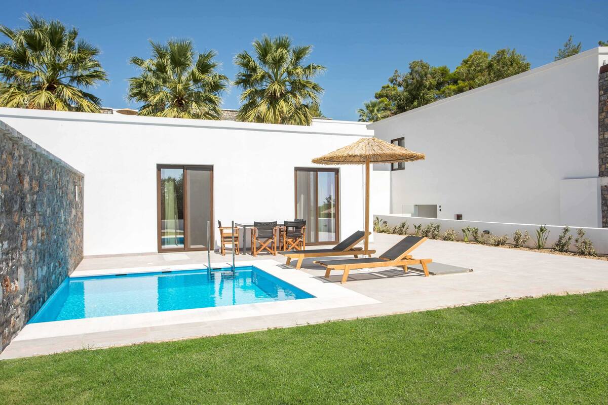 Une maison moderne dotée d’une piscine, d’un espace salon extérieur et de palmiers.
