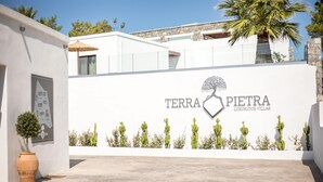 A white building with a sign reading "TERRA PIETRA LUXURIOUS VILLAS" and a tree graphic. There are cacti and a potted plant in front.
