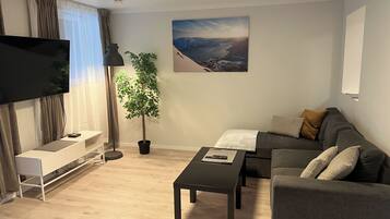 En moderne stue med et fladskærms-tv, en potteplante, en sofa, et sofabord og et maleri på væggen.
