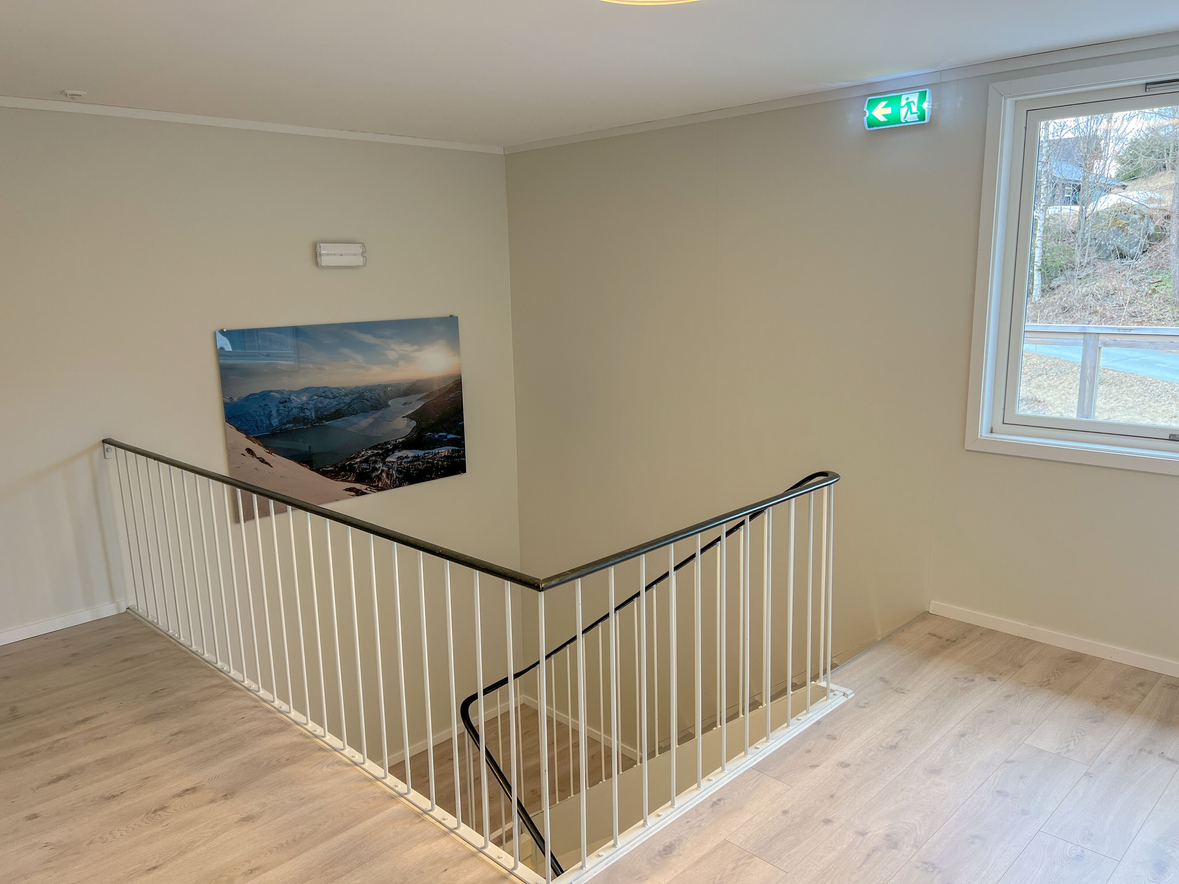 Een trap met een metalen leuning, een aan de muur hangend schilderij, een groen bord met daarop het woord ‘nooduitgang’ en een raam met uitzicht op bomen.