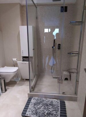 Et moderne badeværelse med bruseniche, toilet og håndvask.