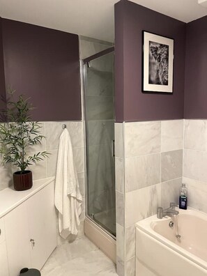 Bathtub, hair dryer, towels, soap