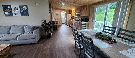 Smart TV, fireplace, foosball