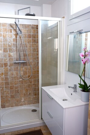 Combined shower/tub, hair dryer, towels, soap