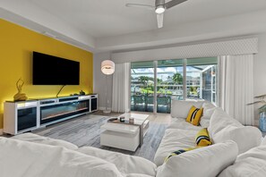 Smart TV, fireplace, video games, DVD player