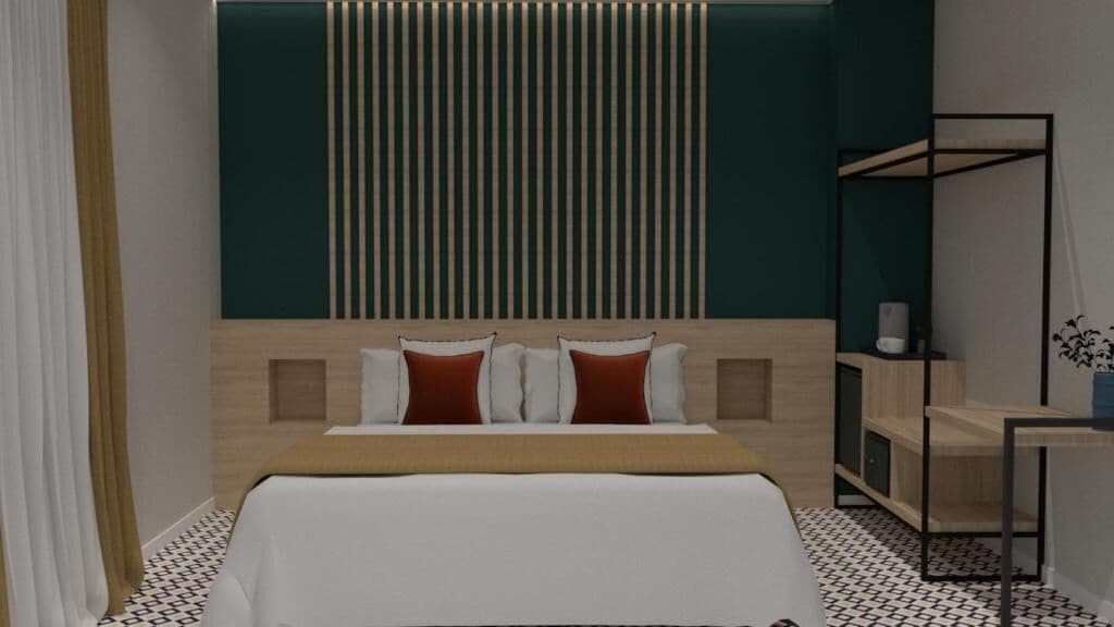 Una habitación de hotel moderna con una cama, una mesita de noche, una silla y un ventanal grande.