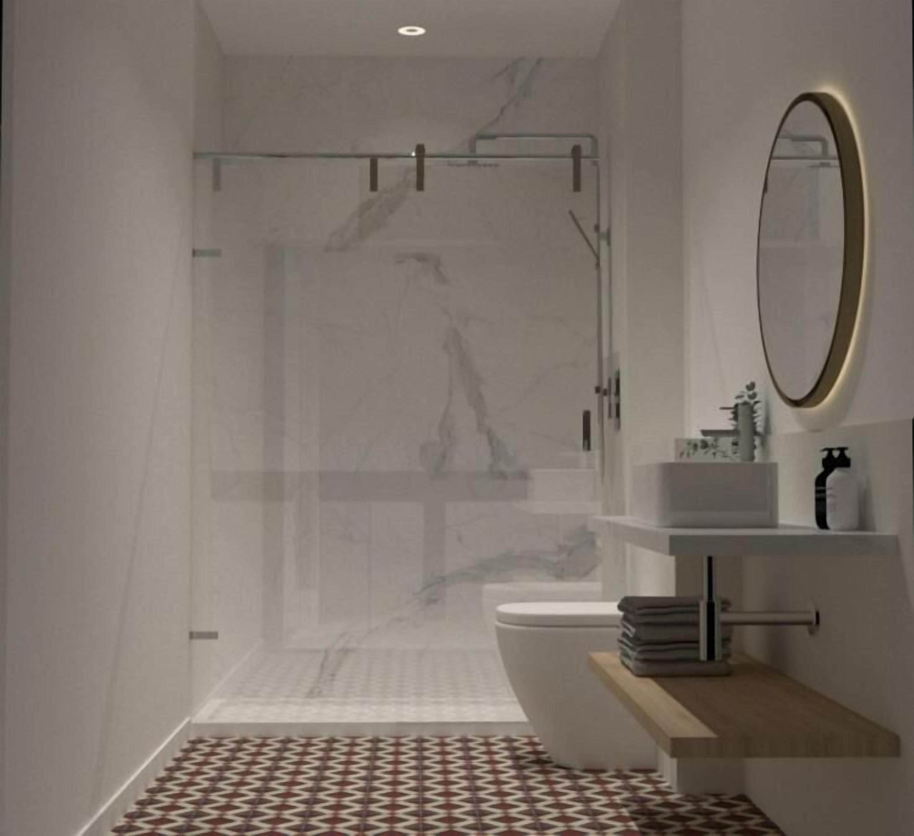 Douche, sèche-cheveux, serviettes fournies, savon