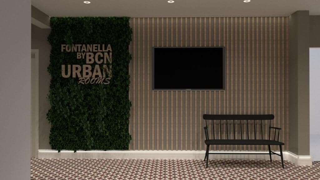Un interior moderno con jardín vertical, televisor montado y un banco.