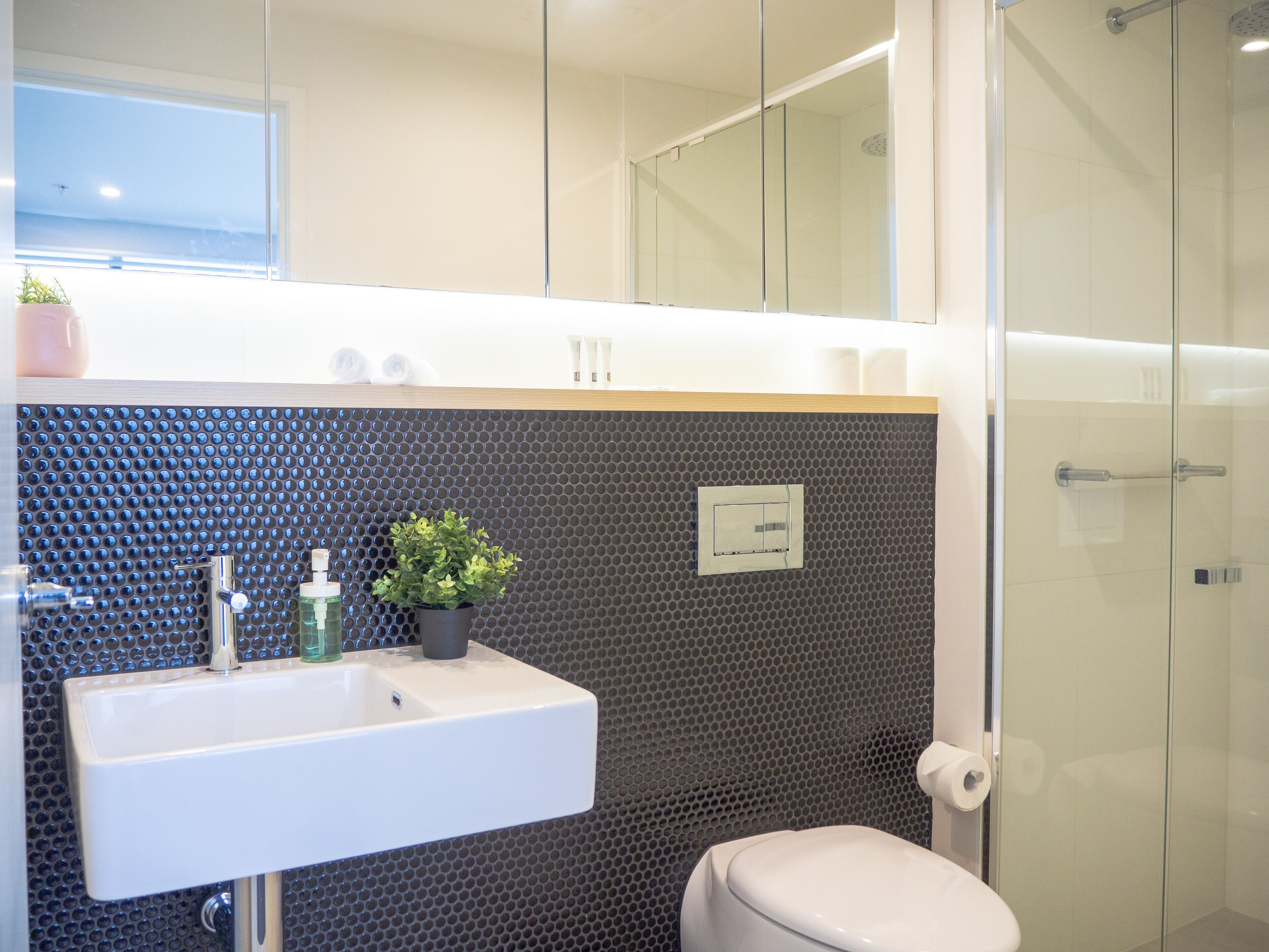 A modern bathroom with a white sink, a potted plant, and a toilet.