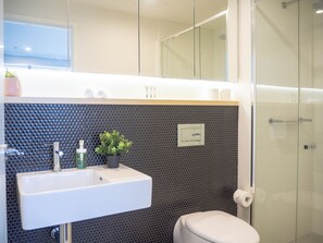 Shower, hair dryer, towels, soap