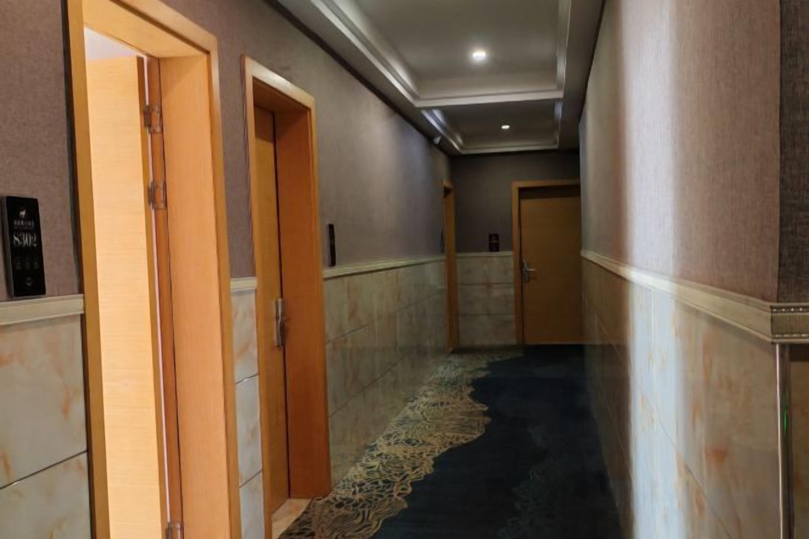 A hallway with wooden doors, a patterned carpet, and a marble floor.