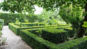 A well-maintained garden with neatly trimmed hedges and a gravel path. - La Castagnère de Bergory (Wervicq-Sud)