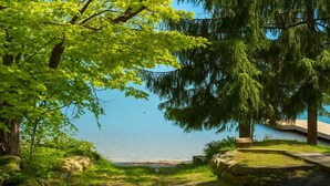 Un sendero que conduce a un lago, rodeado de árboles y con una plataforma de hormigón para contemplar el paisaje.