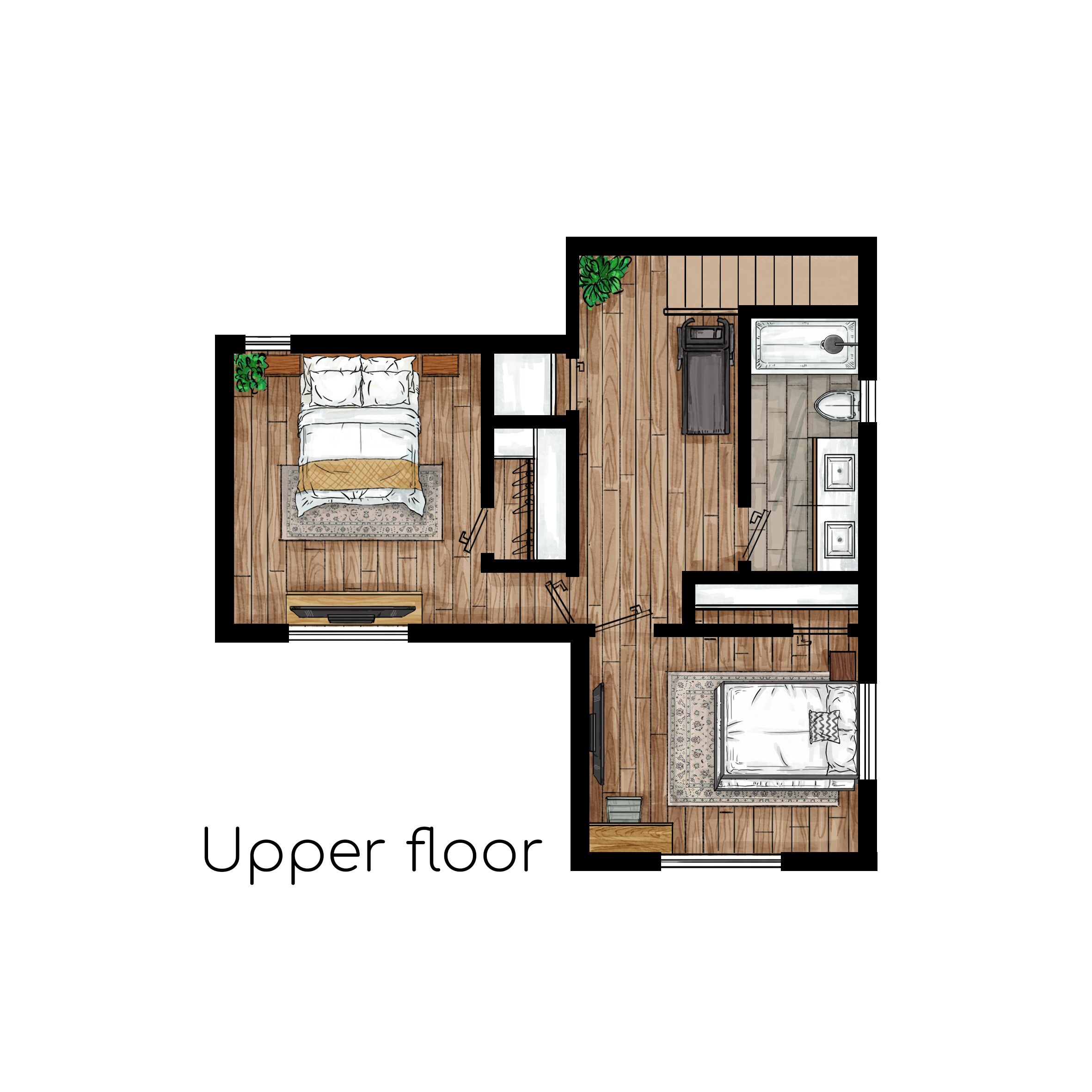 A floor plan of an upper floor with a bedroom, bathroom, and kitchenette.