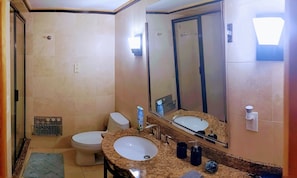 Douche, séchoir à cheveux, serviettes fournies, savon