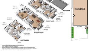 A 3D floor plan of a residence with three floors, including a study, living, dining, kitchen, and multiple bedrooms. - Luxury Beach Mansion - Roof Deck- Steps to Sand (Oxnard)