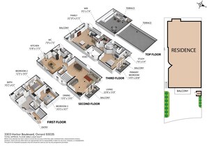 A 3D floor plan of a residence with three floors, including a study, living, dining, kitchen, and multiple bedrooms.