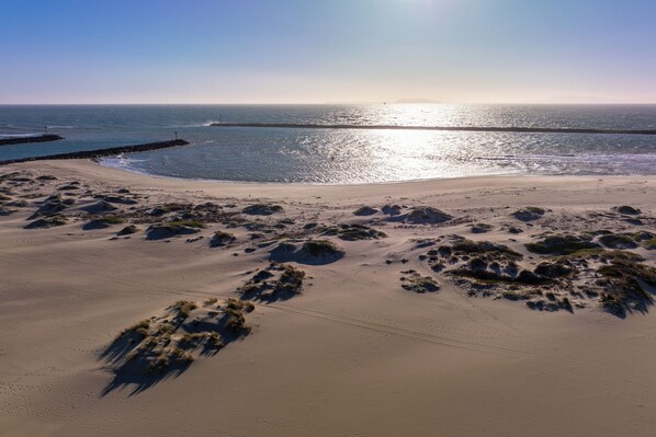 A coastal landscape with a sandy beach, sparse vegetation, and a clear sky.