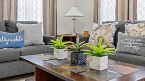 Un salon avec un canapé gris, des coussins décoratifs, une table basse ornée de plantes en pot et une lampe placée à l’arrière-plan.