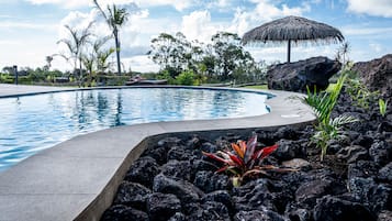 Outdoor pool, pool umbrellas, sun loungers