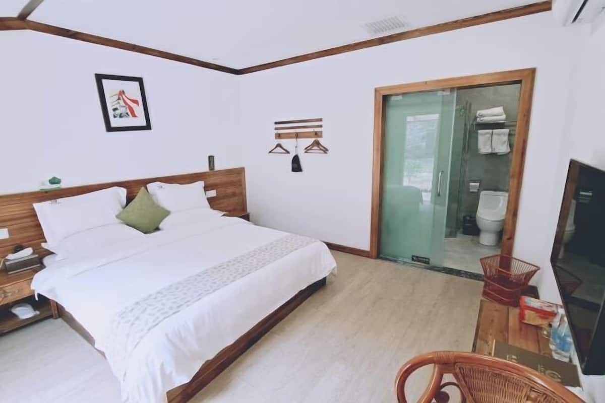 Une chambre à coucher comprenant un lit, un téléviseur, un fauteuil en osier et une salle de bain visible à travers une porte en verre.