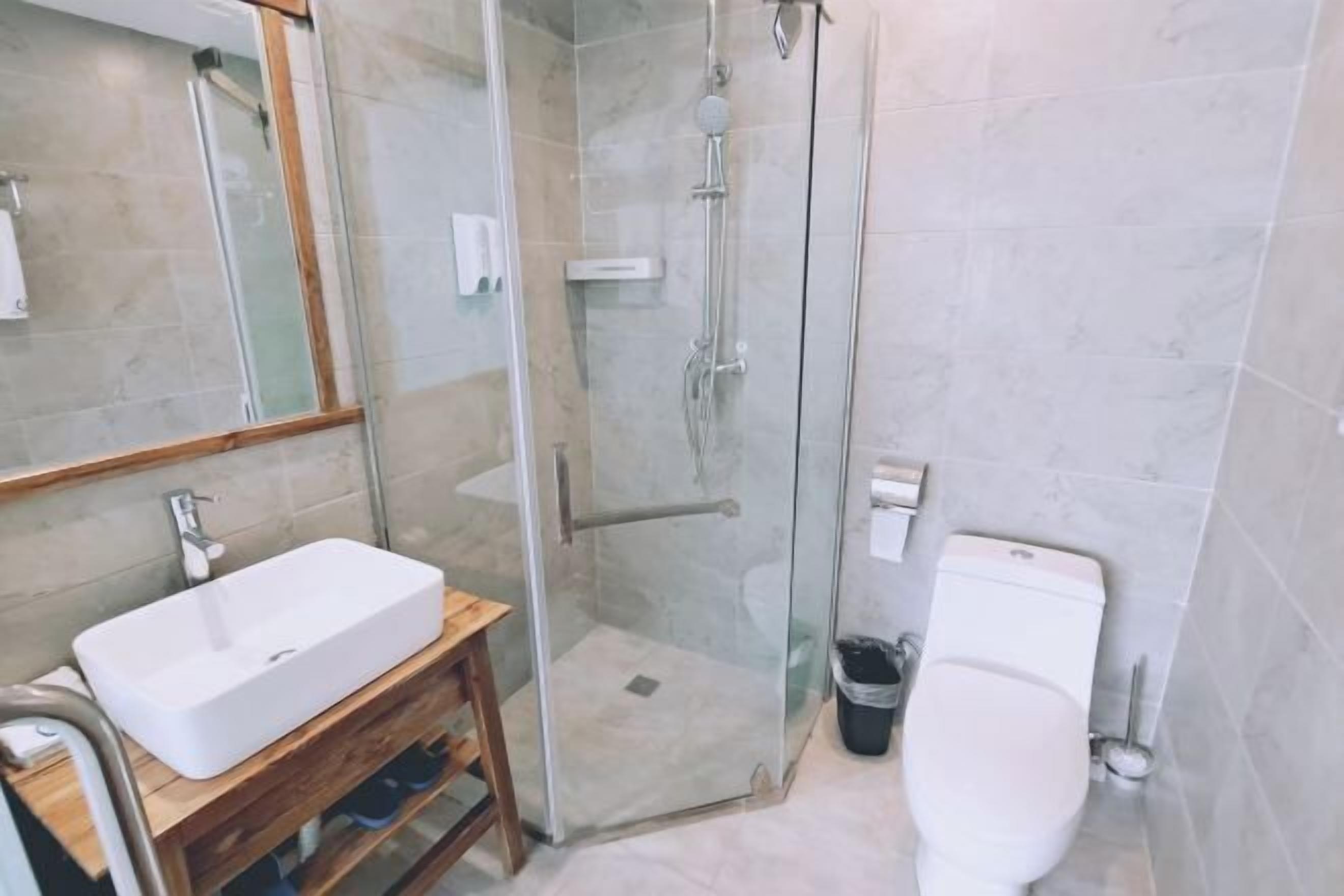 Un baño moderno con ducha envuelta en vidrio, un lavabo blanco y un inodoro.