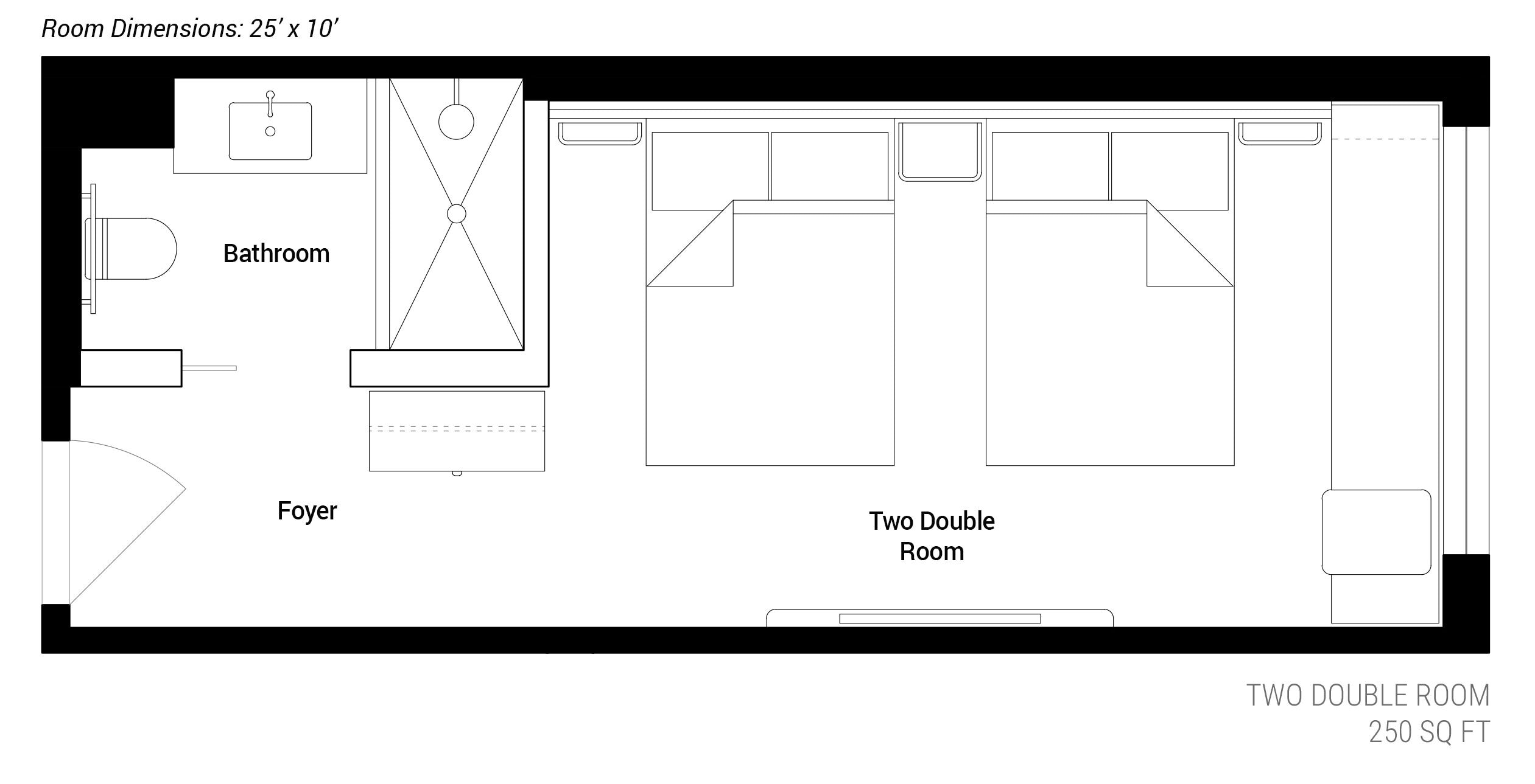 A floor plan of a hotel room measuring 25' x 10', including a bathroom, foyer, and two double rooms totaling 250 sq ft.