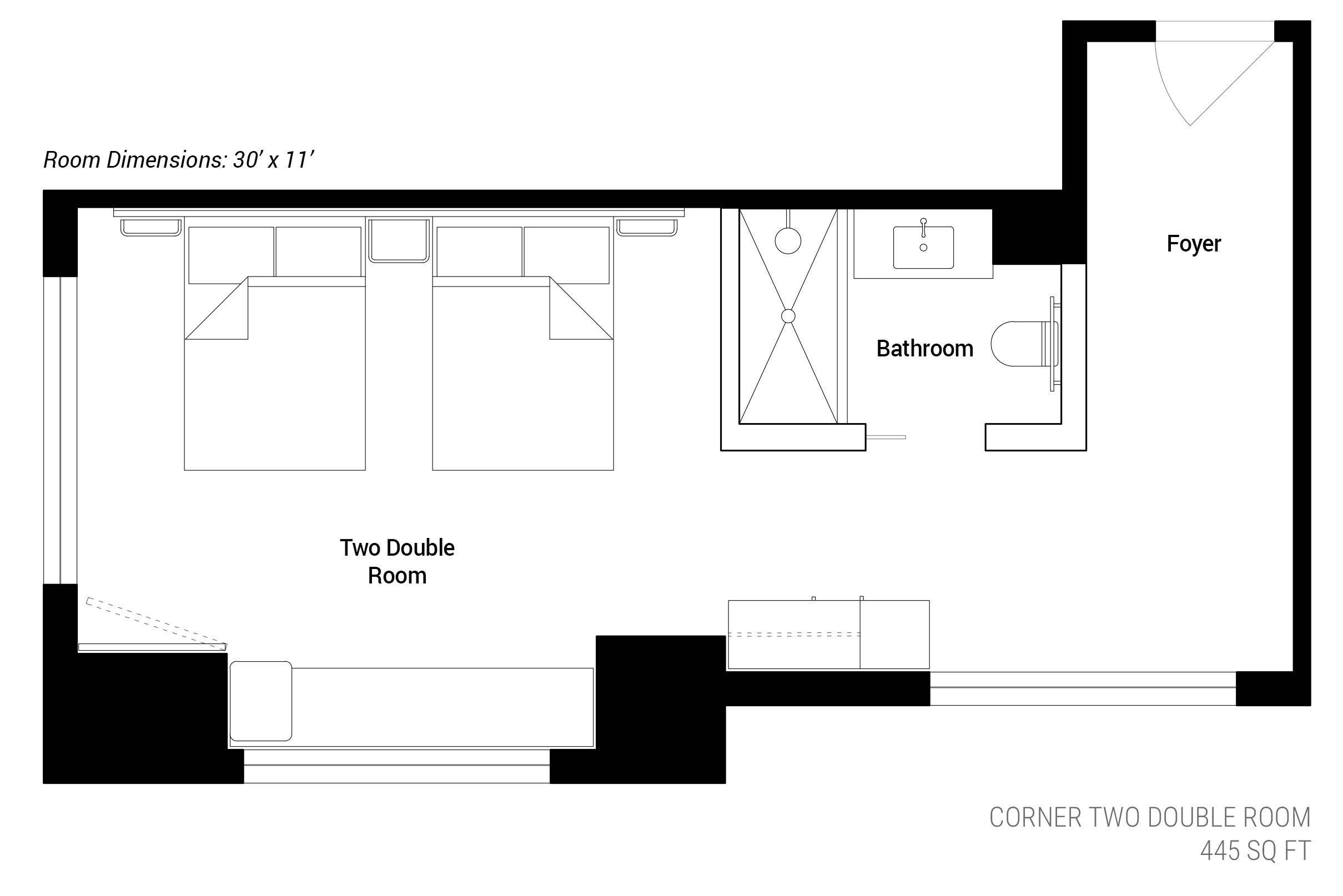 Plano de planta de una habitación doble en esquina, con dimensiones de 9 metros por 3.5 metros, que incluye un vestíbulo y un baño.